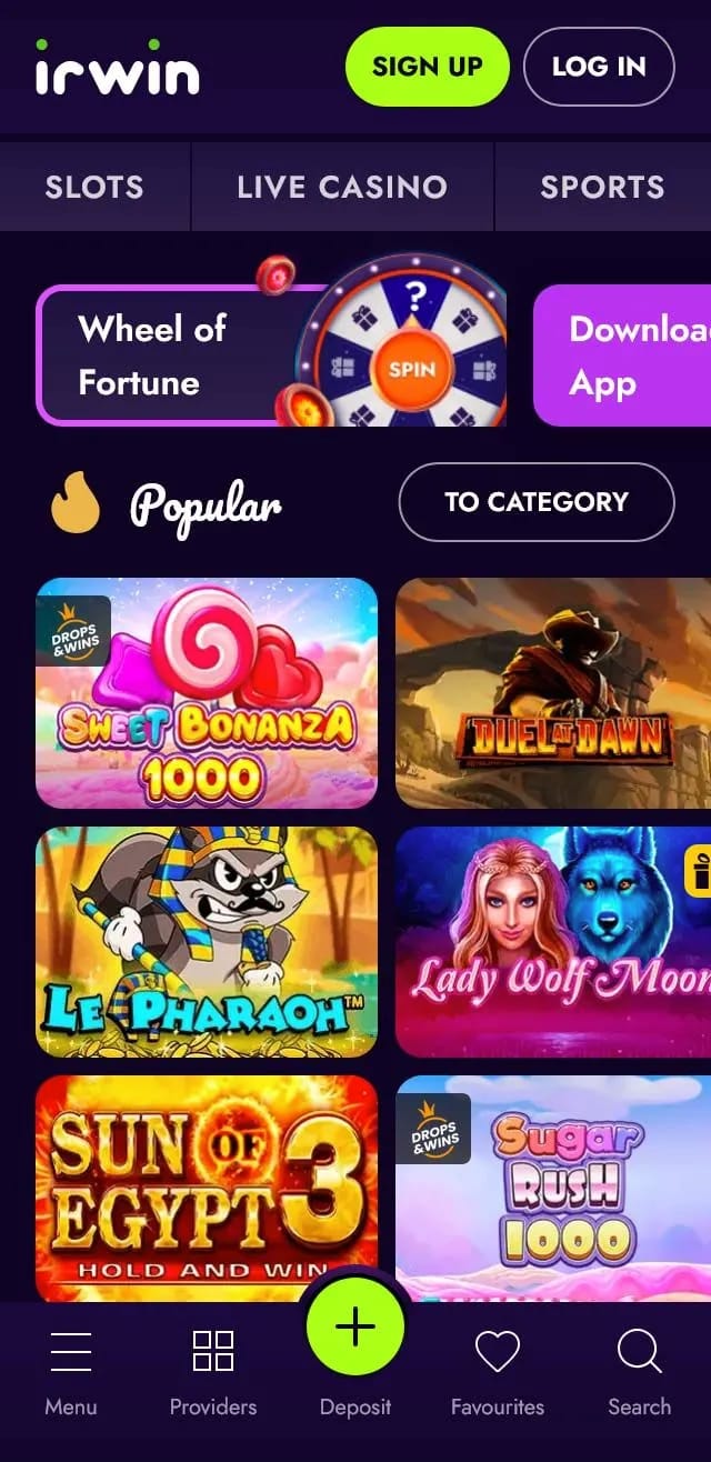 Irwin Casino mobile Ansicht